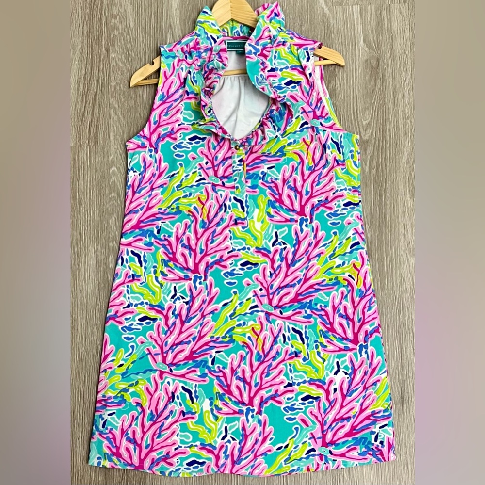 Southern Frock Pink Coral Print Ruffle Neck Shift dress